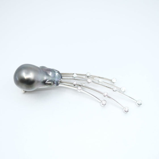 'Meteor' Tahitian Pearl and Diamond Brooch in White Gold