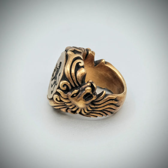 Sterling Silver Signet ring, gold finish, Lion seal.