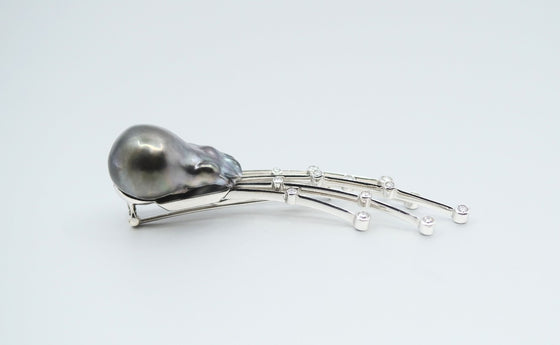 'Meteor' Tahitian Pearl and Diamond Brooch in White Gold