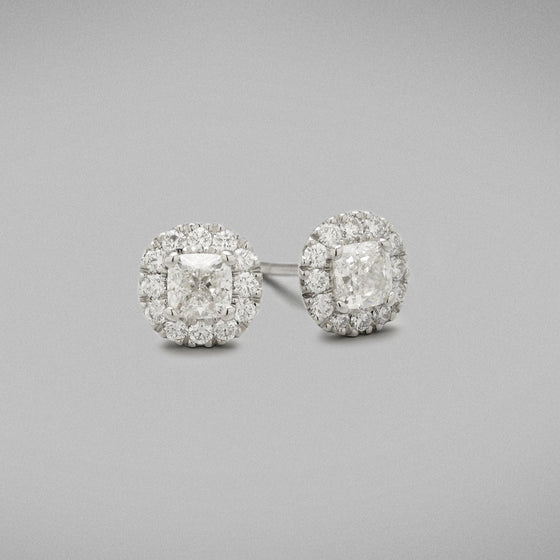 'Valentin' Stud Earrings in White Gold with Cushion Cut Center Diamonds