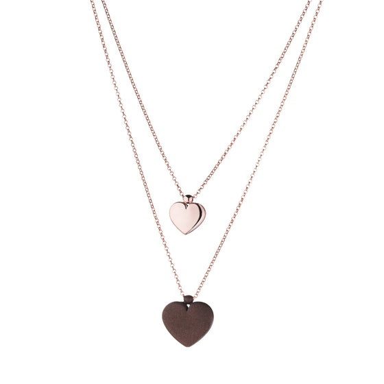  Twice as much love when wearing this double heart drop chain. The matte black and high polish rose finishes compliment each other stylishly.